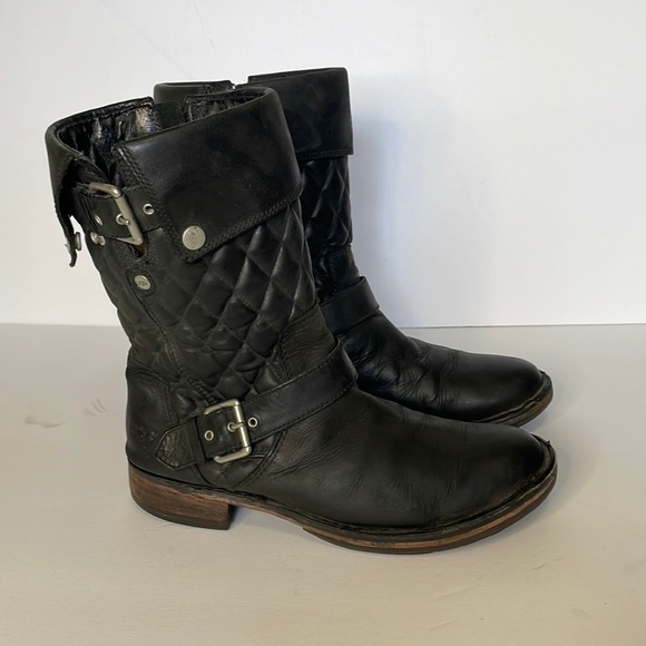 Ugg Conor Quilted Oiled Leather Mid-Calf Black Moto Boots - Picture 1 of 16